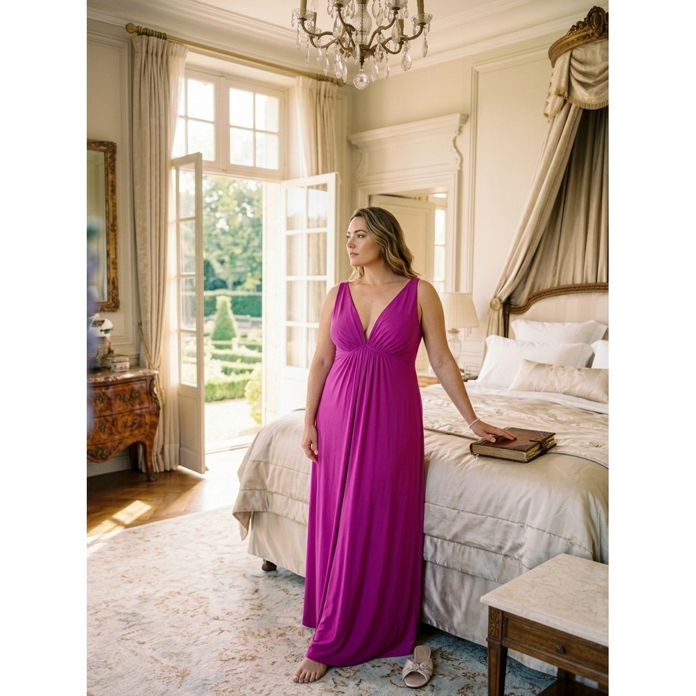 Natori Magenta Purple V-Neck Ruched Bust Maxi Nightgown Loungewear Dress 1X